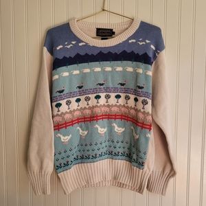 Vintage Eddie Bauer women sweater farm animals small ducks chickens pigs